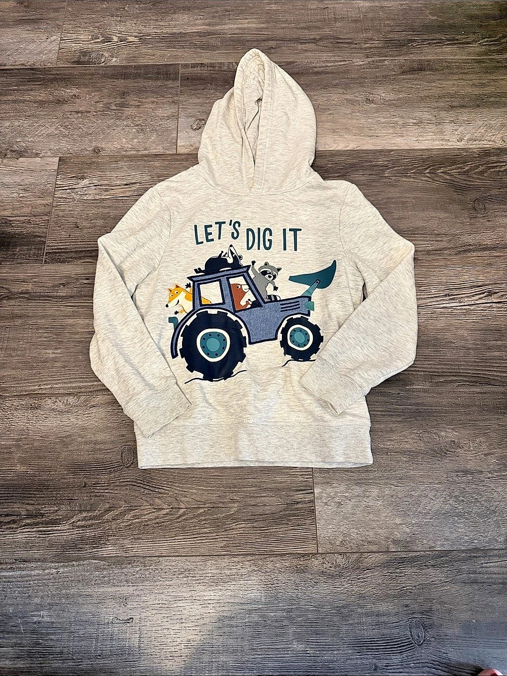 C&A Boys “Let’s Dig it” Animal and Tractor Hoodie Size 10Y Cream Blue